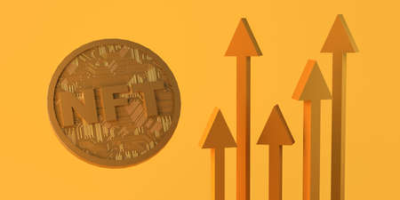 Arrows pointing up and NFT. Non fungible token concept of crypto art on the blockchain. Copy space....