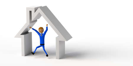 Businessman jumping inside a house on white background. Real estate market. Copyspace. 3D illustration. cartoon.の写真素材