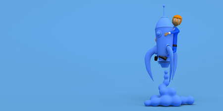 Businessman hugging a rocket that has just taken off. Copy space. 3D illustration. Cartoon.の写真素材