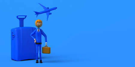 Businessman with suitcase and airplane. business trip Copyspace. 3D illustration. Cartoon.の写真素材