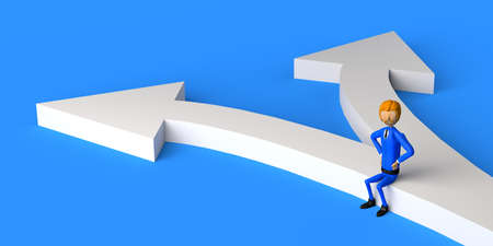 Businessman seated on bifurcated arrow. Decision making. Copy space. 3D illustration. Cartoon.の写真素材