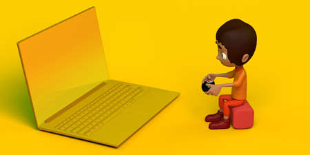 Child gamer playing video game in front of laptop. Copy space. 3D illustration. Cartoon.