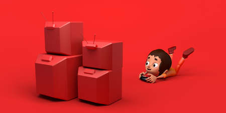 Child gamer playing video game console in front of many televisions. Copyspace. 3D illustration. Cartoon.の写真素材