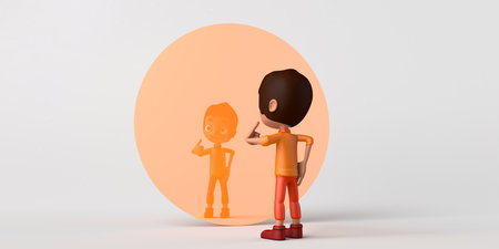 Child looking at himself in a mirror. Copyspace. 3D illustration. Cartoon.の写真素材