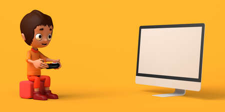 Child gamer playing video game in front of computer. Copyspace. 3D illustration. Cartoon.