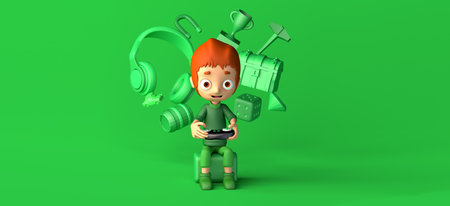 Child gamer playing video game console with headset, chests, prizes and other items floating....