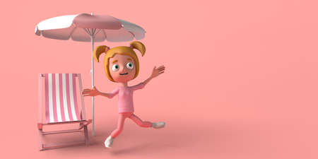 Girl jumping next to beach chair and umbrella. Vacation concept. Copyspace. 3D illustration. Cartoon.の写真素材