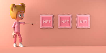Child pointing to a digital art gallery of non-fungible tokens, NFT. Copyspace. 3D illustration. Cartoon.の写真素材
