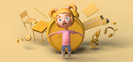 Girl jumping in front of alarm clock, school bus, school desk... Copy space. 3D illustration....