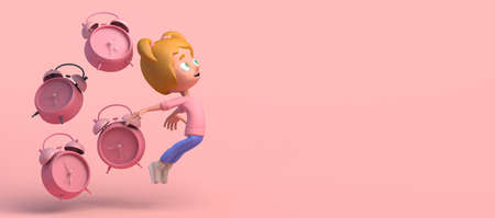 Girl jumping next to alarm clocks. Copyspace. 3D illustration. Cartoon.