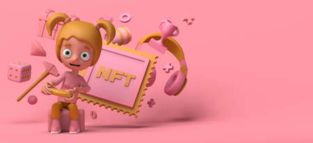 Girl gamer playing video game console with non fungible token, NFT. Copyspace. 3D illustration. Cartoon.の写真素材