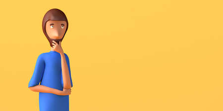 Caricature of man thinking with hand over mouth on yellow background. Copyspace. 3D illustration....