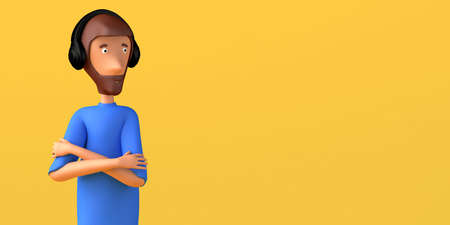 Young man with arms crossed listening to music with headphones on yellow background. Copyspace. 3D illustration. Cartoon.の写真素材