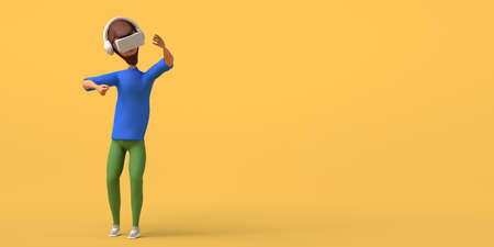 Man using virtual reality headset on yellow background. Copyspace. 3D illustration. Cartoon.