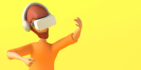 Portrait of man using virtual reality headset on yellow background. Copyspace. 3D illustration....