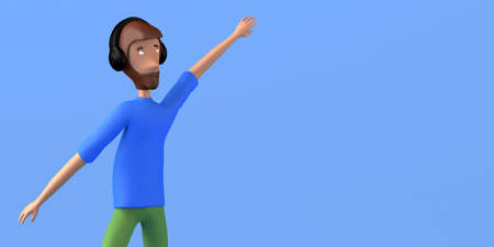 Portrait of jumping man listening to music with headphones on blue background. Copy space. 3D illustration. Cartoon.の写真素材