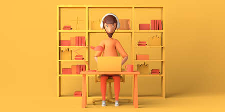 Man working with laptop computer at home. Freelancing. Teleworking. Copyspace. 3D illustration....