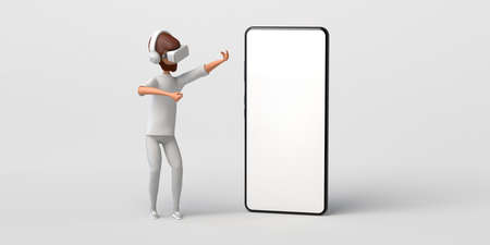 Man using virtual reality headset with giant smartphone with empty screen for mockup. Copyspace. 3D illustration. Cartoon.の写真素材