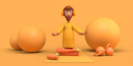 Man practicing yoga with headphones and mat. Copyspace. 3D illustration. Cartoon.の写真素材