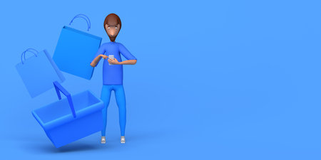 Man shopping online with smartphone. Copy space. 3D illustration. Cartoon.の写真素材