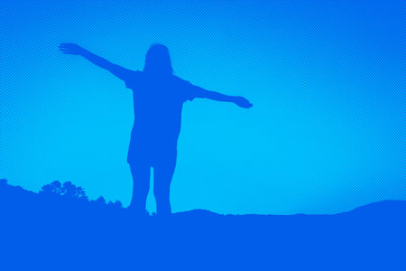 Silhouette of woman with outstretched arms. Overcoming life's difficulties. Concept of reflection...