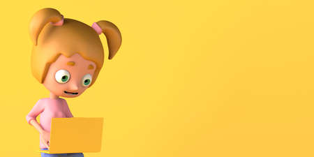 Portrait of girl working with a laptop. Freelancing concept. Copyspace. 3D illustration. Cartoon.の写真素材