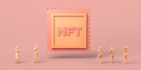 People looking at NFT. Non fungible token concept of crypto art on the blockchain. Copyspace. 3D illustration.の写真素材