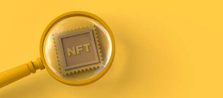 Non-fungible token looked at with a magnifying glass. NFTs on the blockchain. Copyspace. 3D illustration.の写真素材