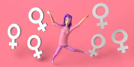 Woman jumping next to the female symbol. Feminism. 3D illustration. International Women's Day. March 8. Copy space.の写真素材