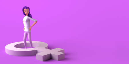Woman with empowering gesture on female symbol. Feminism. 3D illustration. International Women's Day. March 8. Copy space.の写真素材