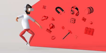 Metaverse concept with man with virtual reality glasses watching video game elements. 3D...