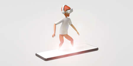 Young man with virtual reality goggles floating on a smartphone in the metaverse. 3D illustration....