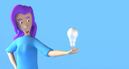 Young woman holds a light bulb floating on her palm. 3D illustration. Copyspace.