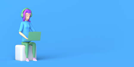 Woman working with laptop computer. Freelancing. Teleworking. Copyspace. 3D illustration. Cartoon.
