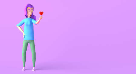 Young woman holding a heart floating on fingers. 3D illustration. Copyspace.