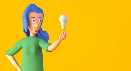 Young woman holding a light bulb floating on fingers. 3D illustration. Copyspace.の写真素材