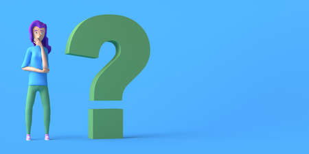 Woman thinking with doubts next to a question mark on green background. Copyspace. 3D illustration. Cartoon.の写真素材