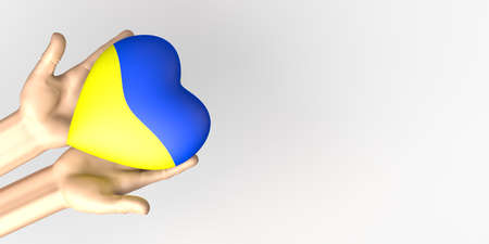 Hands offering a heart with the Ukrainian flag. Banner in support of the Ukrainian people. War in Ukraine. Copyspace. 3D illustration.の写真素材