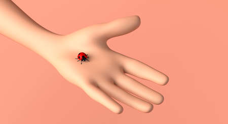 Hand cartoon showing a ladybug in spring. 3D illustration. Copy space.