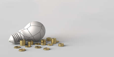 Broken bulb with coins around it. Rising electricity prices. Market volatility and instability. 3D...
