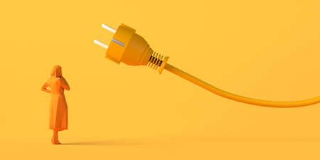 Concept of electricity price rise with plug and woman watching. Market volatility and instability....