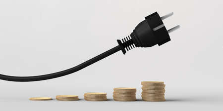 Electricity price increase concept. Plug with coins. Market volatility and instability. 3D...