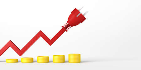 Arrow with ascending plug tip and stacks of coins. Concept of electricity price rise. Market...