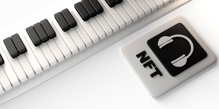 Non-fungible token of digital art. NFT of music with piano on blockchain. 3D illustration....