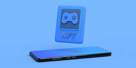 Non-fungible token of video game. NFT of gaming with smartphone on the blockchain. 3D illustration....