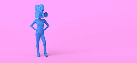 Woman with video camera instead of head. Multimedia and technological society. 3D illustration. Copyspace.の写真素材