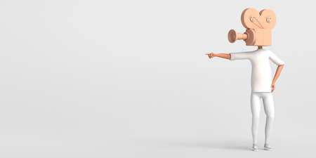 Man with video camera instead of head pointing finger. Multimedia and technological society. 3D illustration. Copyspace.の写真素材