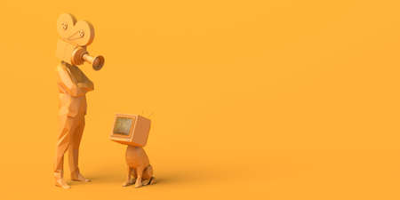 Man with a video camera instead of a head looking at a dog with a TV head. 3D illustration. Copy space.の写真素材