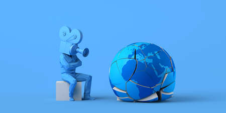 Man with video camera instead of head recording how the planet earth is destroyed. Mass medium. Journalism. 3D illustration. Copyspace.の写真素材
