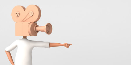 Man with video camera instead of head pointing finger. Mass medium. Journalism. 3D illustration. Copyspace.の写真素材